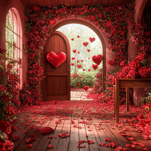 Valentine's Day backdrop with red heart-shaped roses