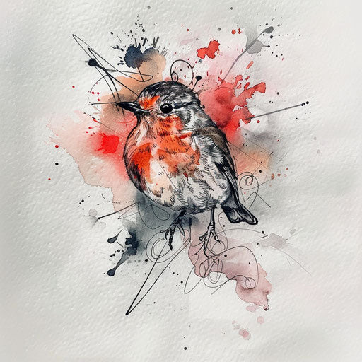 Artistic flat tattoo sketch of a robin merging into watercolor splash