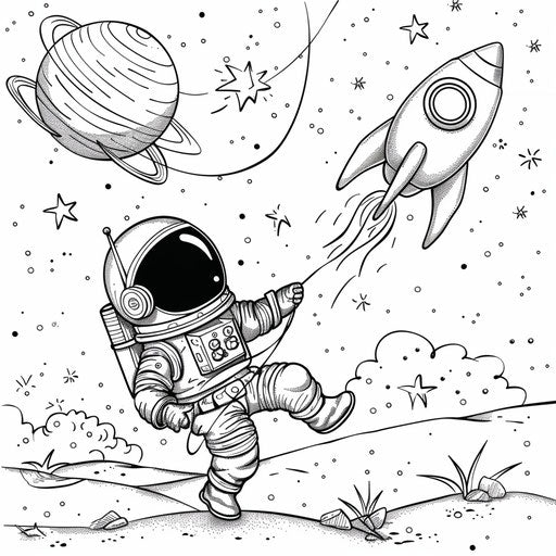 Astronaut playing with rocket-shaped kite in zero gravity