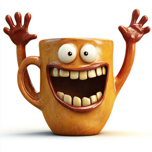 Humorous caricature of a coffee mug with human characteristics