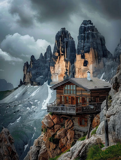 Scenic photo of Dolomites mountains, Italy, beautiful house 3:4