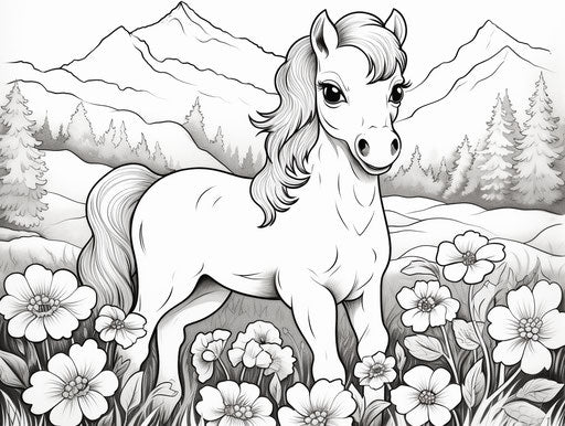 Cute pony coloring pages with horse in field of flowers
