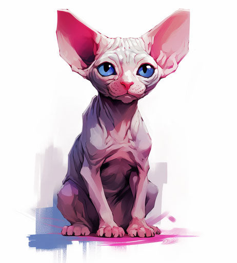 A baby sphynx cat sitting on white background, light purple and dark crimson style