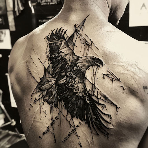 Bold flat tattoo sketch with black flag and fierce eagles