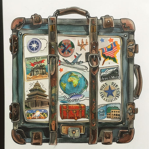 Elegant sketch of a vintage suitcase with travel stickers