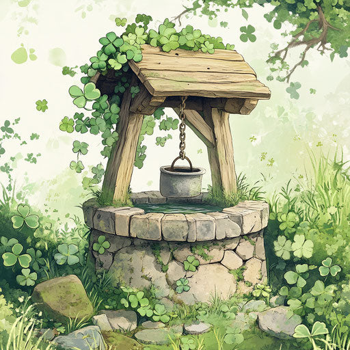 Irish Wicca well surrounded by clover, St. Patrick's ambiance