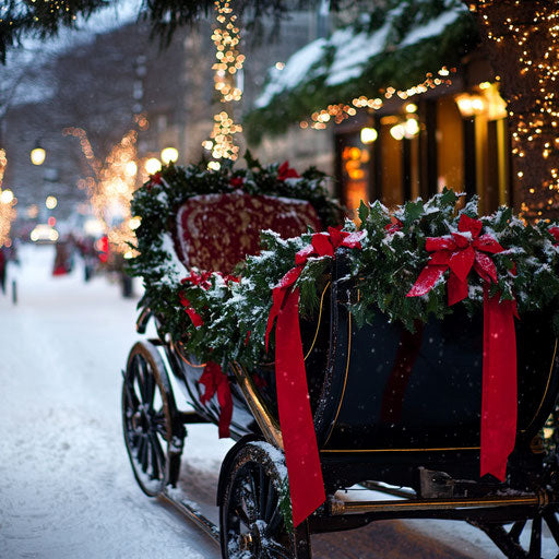 Vintage sleigh decorated with holly and red ribbons for holiday parade