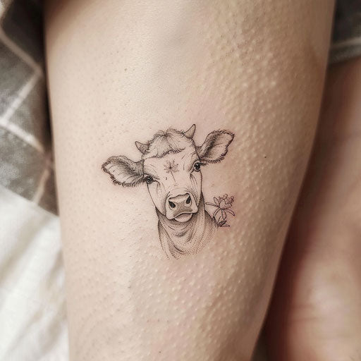 Tiny minimalist cow tattoo on bright white background