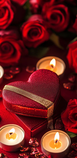 Red heart-shaped box with gold ribbon, candles and roses