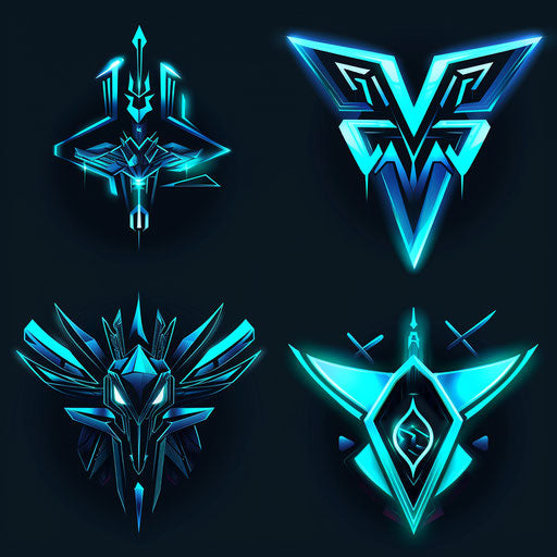 Logos with futuristic elements, neon blue and black colors