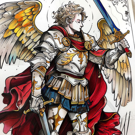 Neo-traditional tattoo of Saint Michael on white background