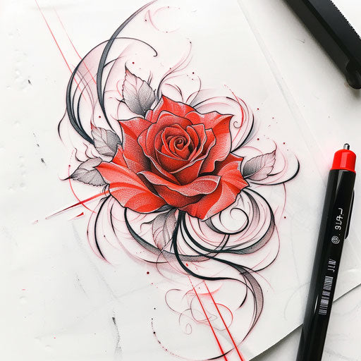 Dynamic flat tattoo sketch of a blooming rose