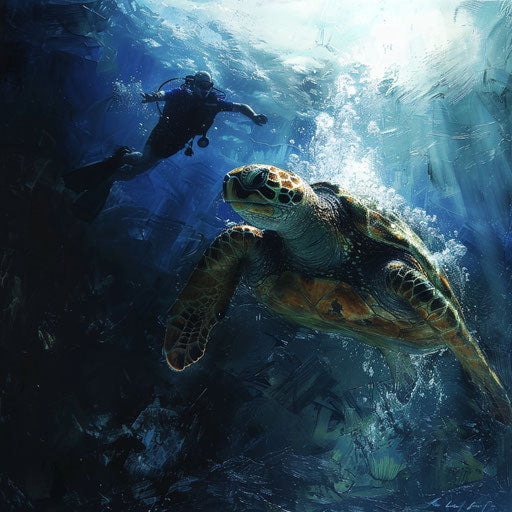 Underwater encounter: turtle and diver