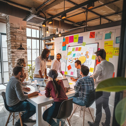Dynamic team brainstorming around a whiteboard, creative vibe