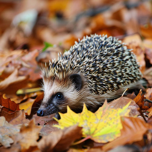 A hedgehog strolling in autumn, its spiny form contrasting with the softness of fallen leaves.