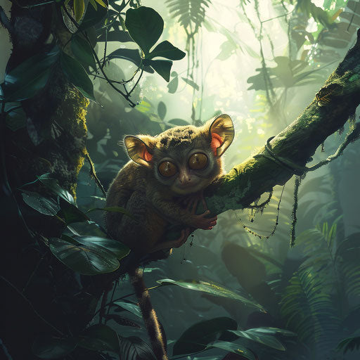 A tarsier basking in a rare patch of sunlight