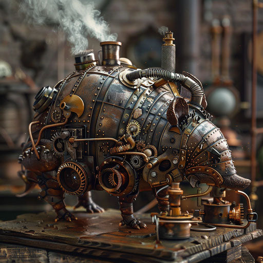Steampunk armadillo with gears in the inventor's workshop