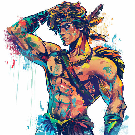 Tattoo sketch of a youthful Hercules, in a cartoonish clipart style with bright, playful colors