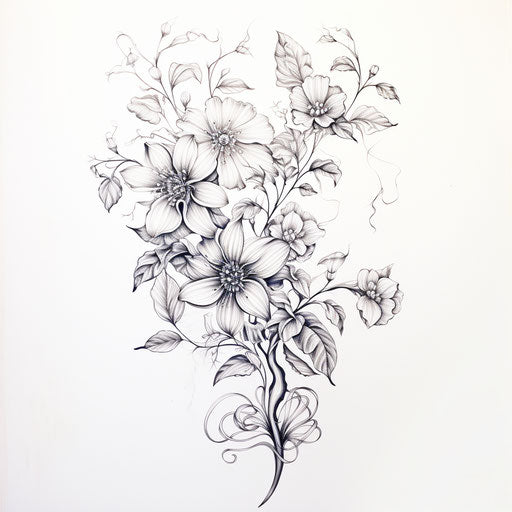 Tree trunk, leaf, and flowers on white background