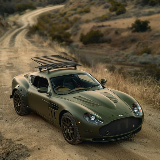 Sports car with matte military green wrap and rack on country road