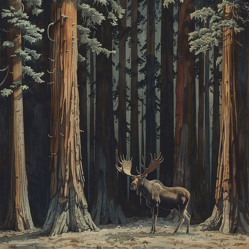 A moose among towering redwoods