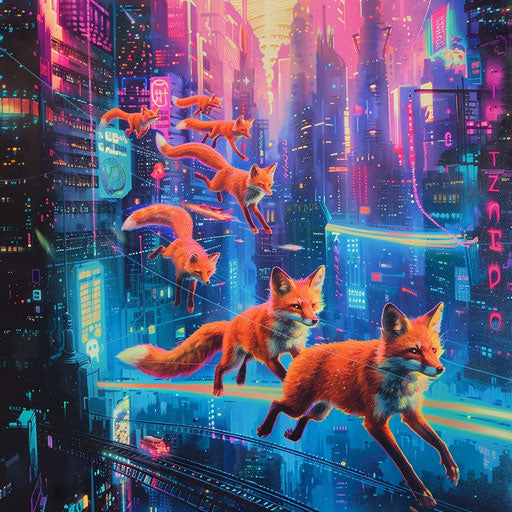 Foxes racing in a city illuminated by neon lights