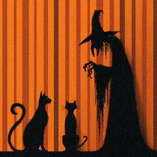 Halloween-themed image with a witch and black cats
