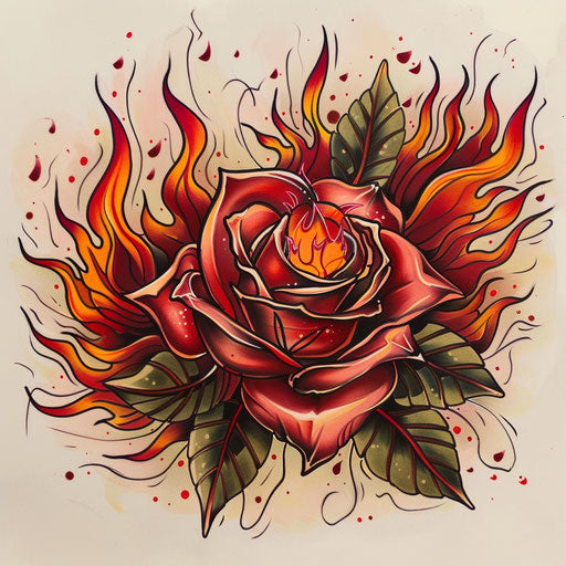 Energetic flat tattoo sketch of a gypsy rose with vibrant, dancing flames around it