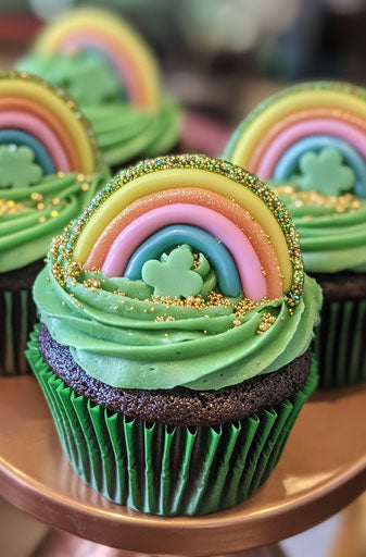 Saint Patrick's Day cupcakes with green frosting and rainbow candy accents