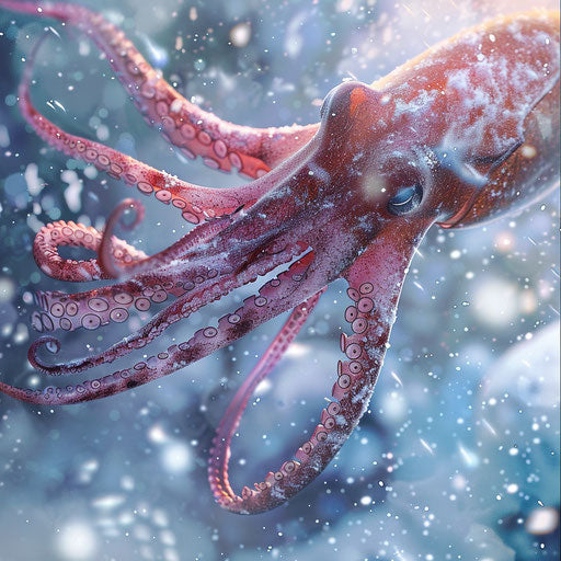 Giant squid in a snowy underwater world