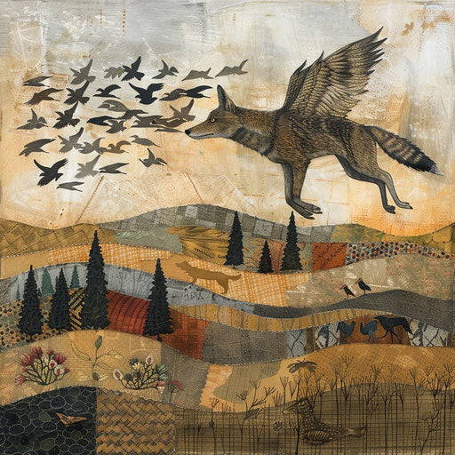 Flight of the coyote with a flock of birds over fields and forests