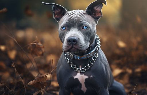 Small pit bull standing in a field, dark silver and light indigo style
