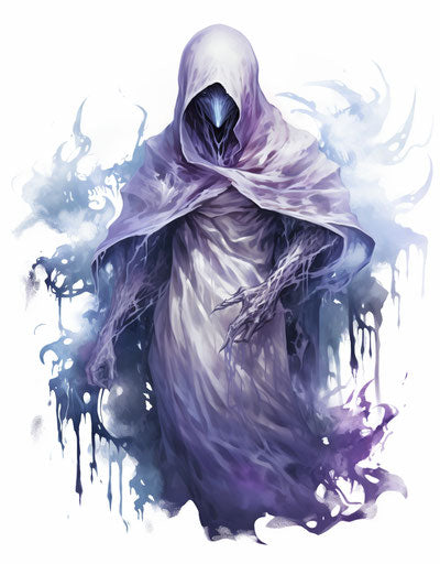 Ghoulish phantom slayer tattoo art, dark white and purple style, flowing draperies, silver and white, detailed watercolor