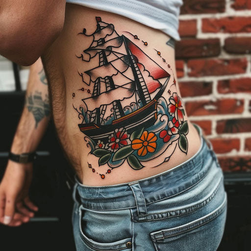 Men's rib tattoos with nautical theme, Sailor Jerry style