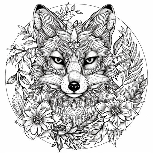 Floral mandala fox with intricate designs - Coloring book page