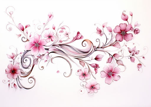 Pink flowers on white background, arabesque style, cute designs, symmetrical arrangement