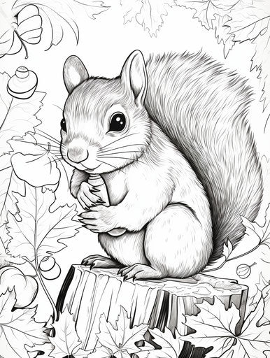 Cute squirrel in autumn foliage coloring page for kids