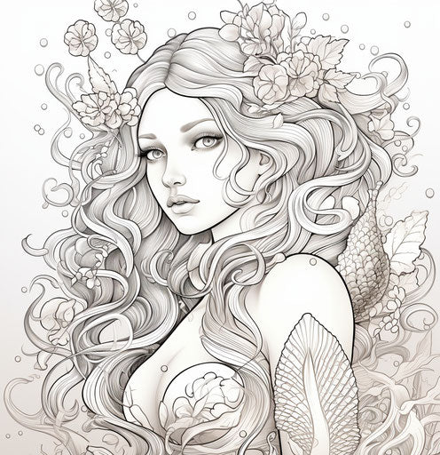 Mermaid drawn on a white coloring book page