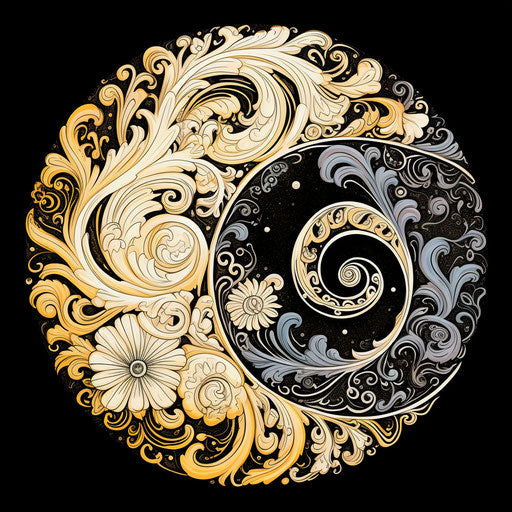 Black and white drawing of yin yang symbol in ornate style