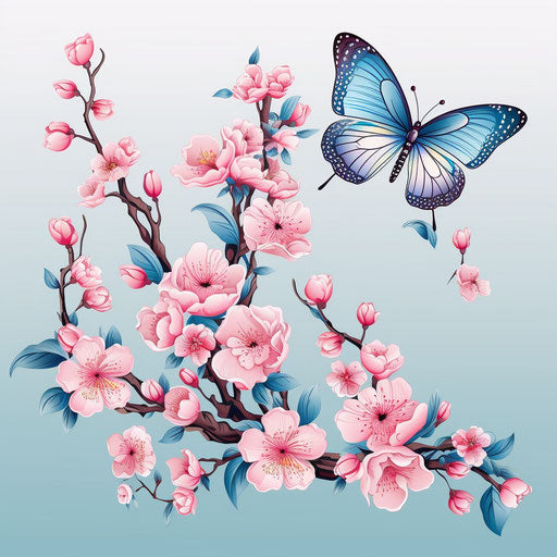 Pink flowers on a branch with a Japanese butterfly