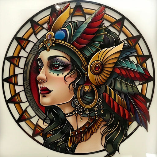 Neo-traditional Cleopatra tattoo with thick outlines and vibrant colors on white