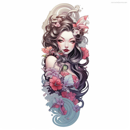 Dragon 3d tattoo stickers for tattooing sleeve, in the style of geisha portraits, dark pink and light gray, 3840x2160, cherry blossoms, white background, tomokazu matsuyama