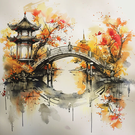 Watercolor tattoo sketch of an oriental bridge with blending colors and a translucent effect