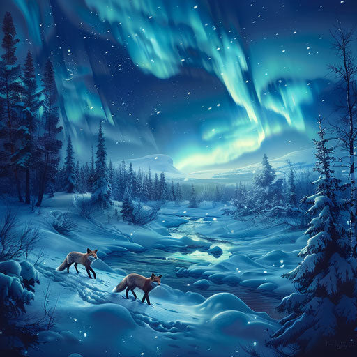 Foxes dancing under the northern lights in a snowy landscape