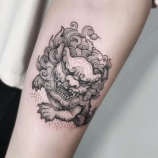 Dotwork foo dog tattoo on white background