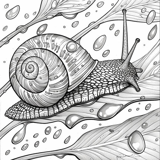 A snail crawling on a dewy leaf. Coloring book page
