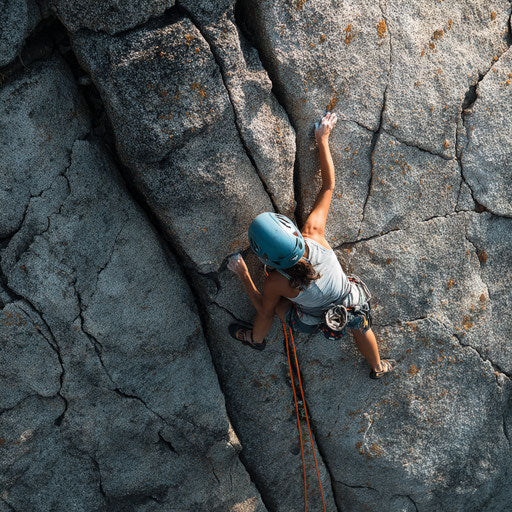 Aerial view of a climber scaling a grey rock face