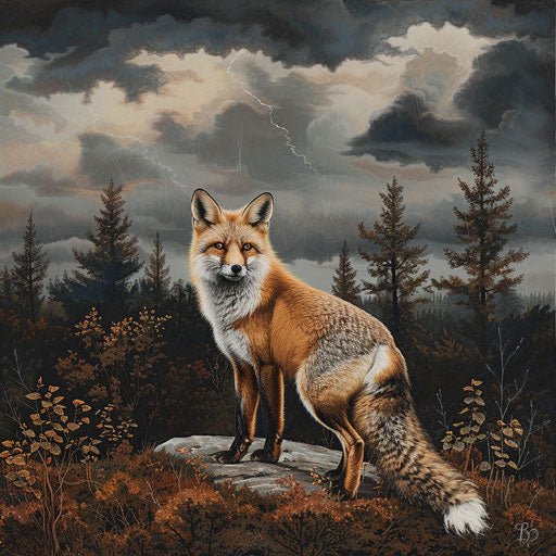 White tail fox alert on forest edge with brewing storm