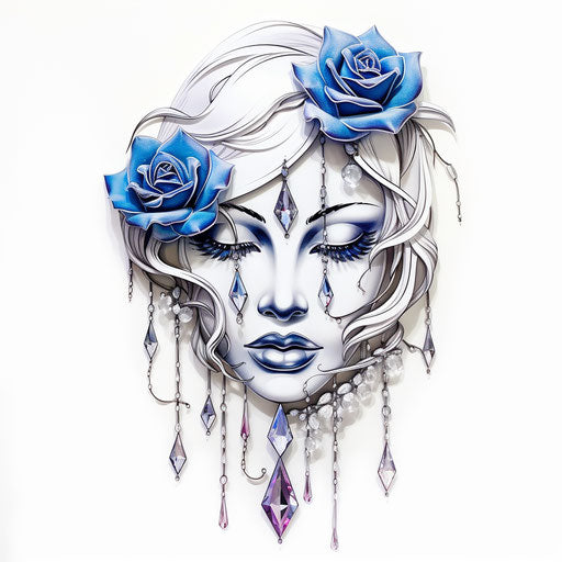 Blue rose tattoo and nail sticker, suspended style, crystals, white background, silver and magenta, decorative relief, decorative borders