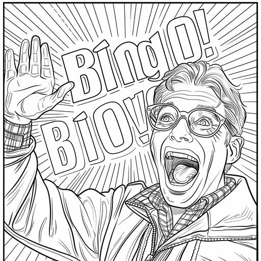 Detailed illustration of a person shouting 'Bingo!' with their winning card raised. Coloring book page